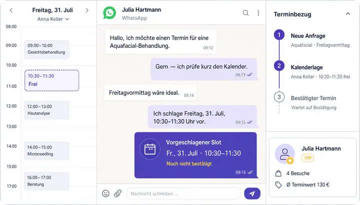 Activio-Konversation mit einer Terminanfrage, freiem Kalender-Slot, vorgeschlagenem Termin und Terminbezug der Kundin Julia Hartmann.