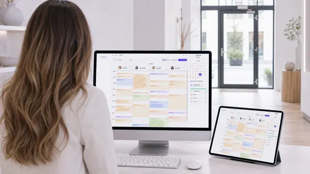 Mitarbeiterin in einem modernen Kosmetikstudio arbeitet mit dem Activio Kalender auf Monitor und Tablet