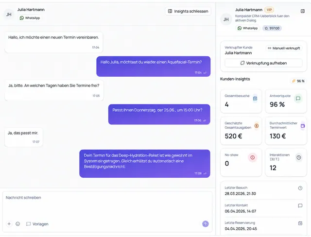 Activio-Konversation mit verknüpftem Kundenprofil und Kunden-Insights.