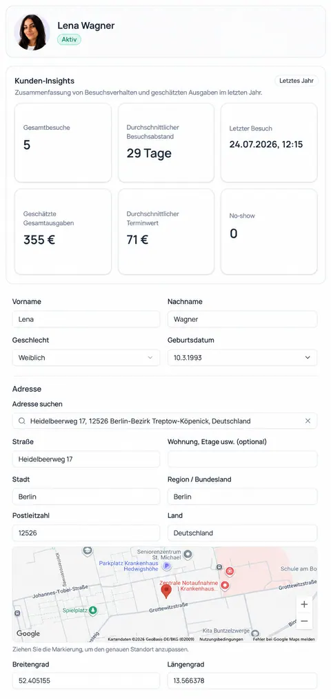 Activio-Kundenprofil mit Kunden-Insights, Stammdaten, Adresse und Kartenansicht.